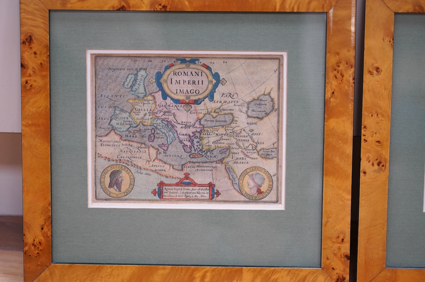 Hondius Mercator, two maple framed maps, “Romani Imperii Imago” and “Paradisus”, 15 x 20cm. Condition - fair to good